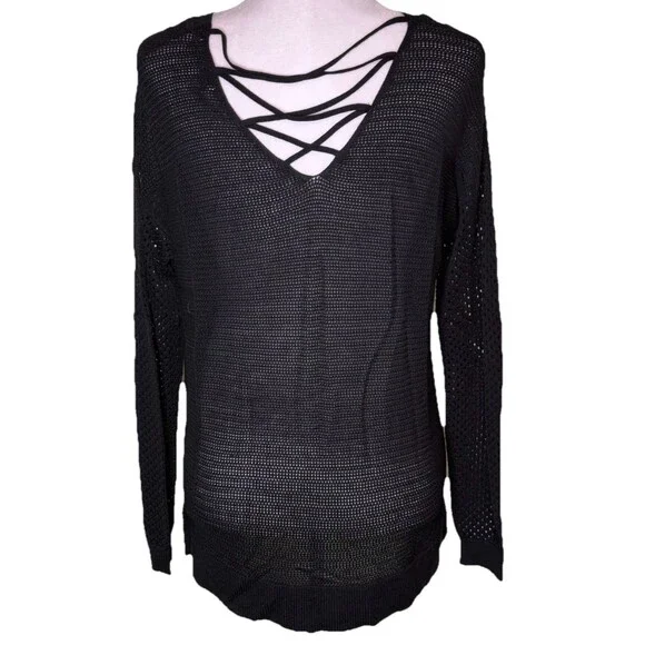 Women Black Open Knit Sweater Strappy Back Lightweight Long Sleeve Top Size Med - Picture 3 of 9